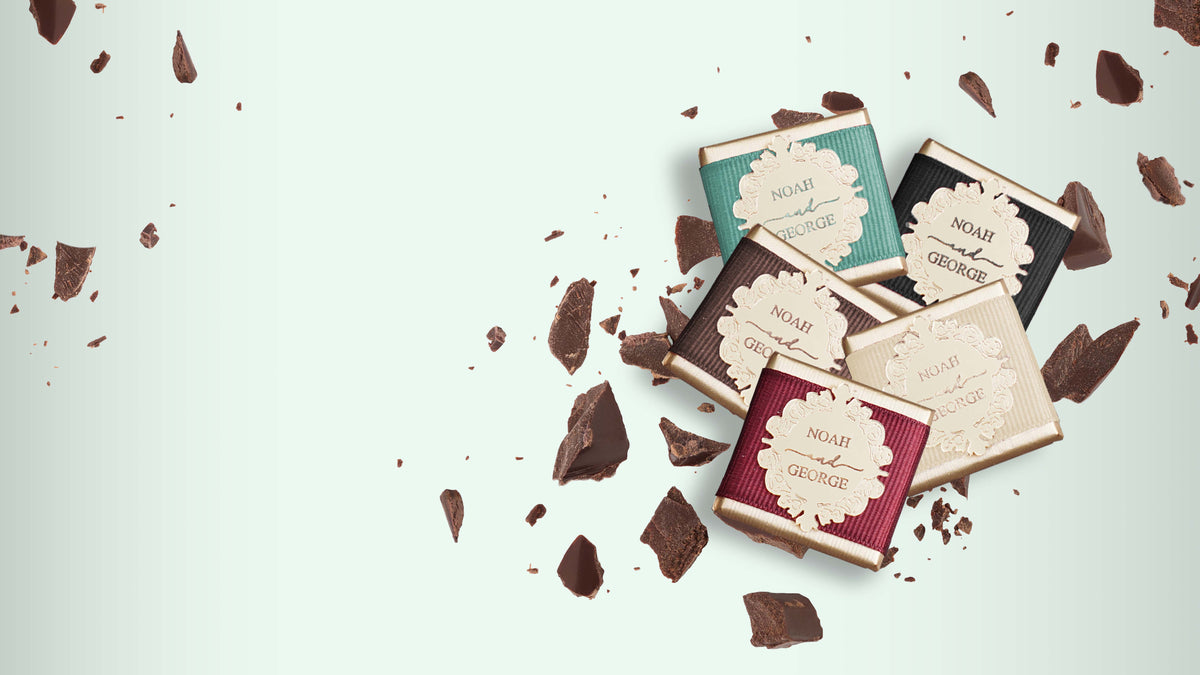 Personalised chocolates in teal, black, brown, ivory and burgundy ribbon with lace name tags