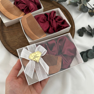 Bridal Shower Gift, Satin Scrunchies and Wood Comb, Bachelorette Party Souvenir
