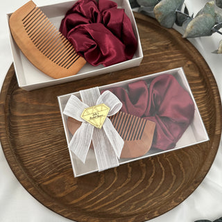 Bridal Shower Gift, Satin Scrunchies and Wood Comb, Bachelorette Party Souvenir